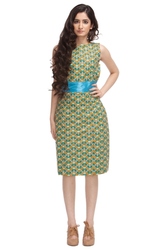 Shift Dress with Satin Band - Blue/Green