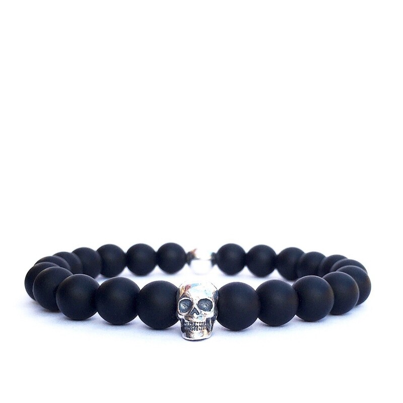 Roman Stones Black Matte Onyx Silver Skull