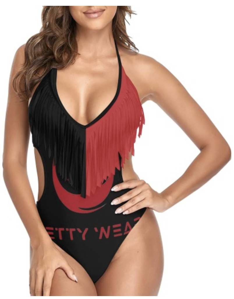 Black/Red Ruffle Women&#39;s Fringe Swimsuit