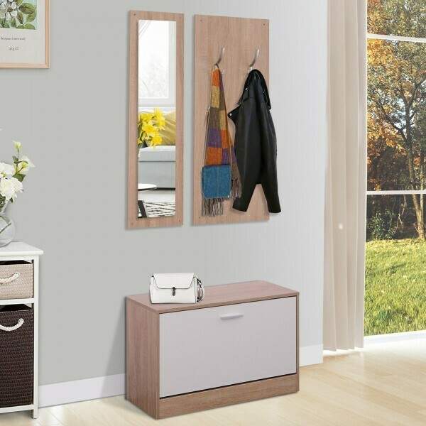 HOMCOM® 3-teiliges Garderoben-Set Flurgaderobe mit Schuhschrank Garderobe Wandspiegel 4 Haken Natur 30 x 100 cm