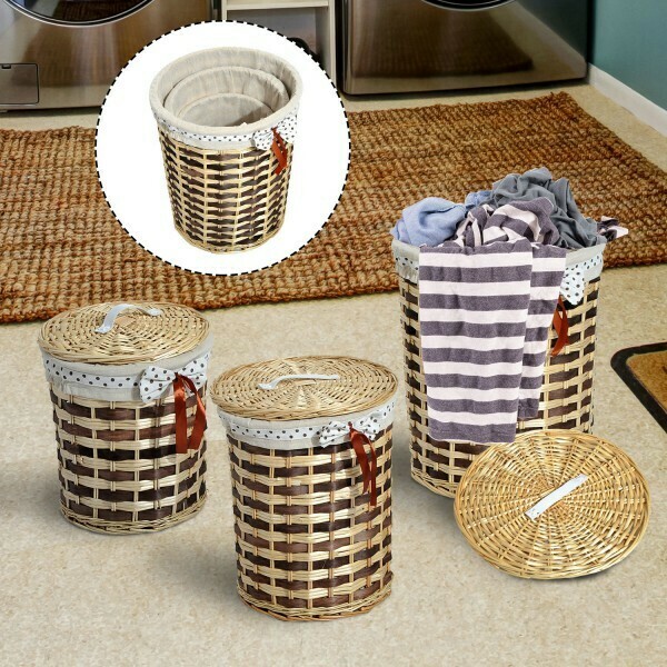 HOMCOM® 3er Set Wäschekorb Weidenkorbset mit Deckel