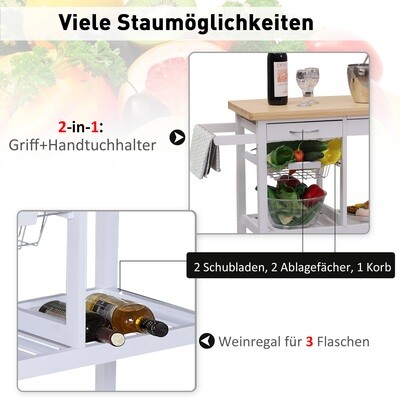 Servierwagen Küchenwagen Küchenrollwagen mit Rollen Korb Schubladen aus Holz weiss