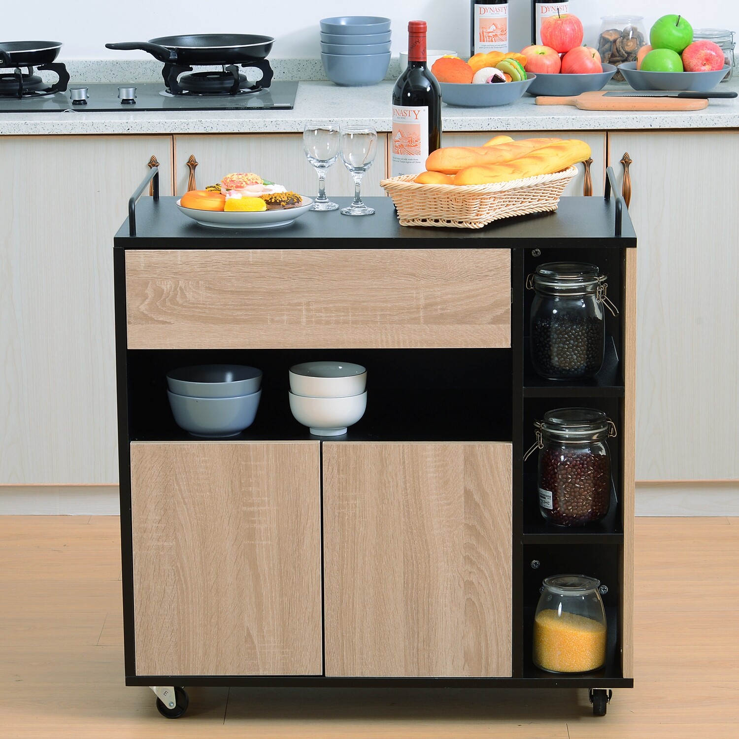 HOMCOM® Küchenwagen Rollwagen Servierwagen Rollbar aus Spanplatte Schwarz