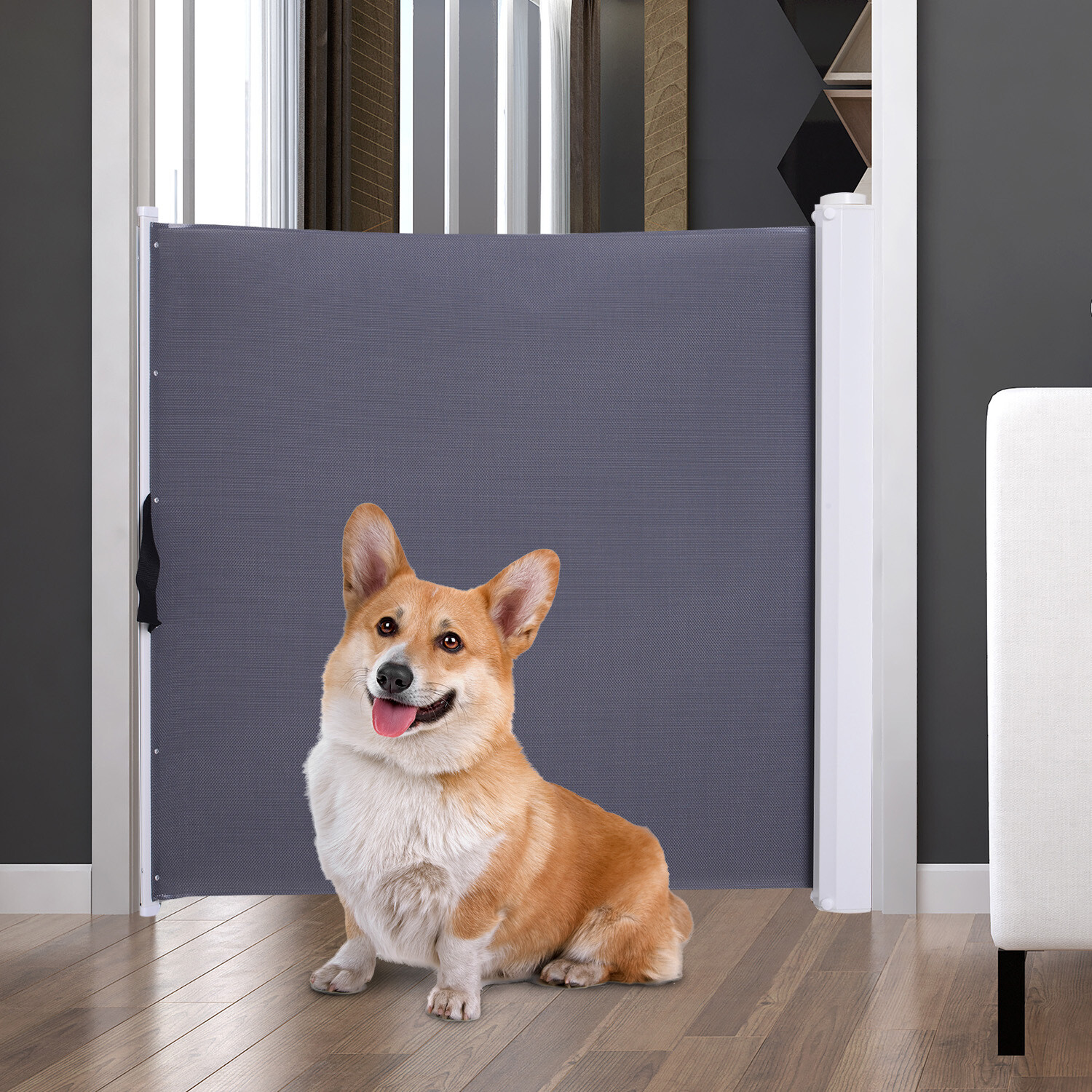 PawHut® Tür-/Treppenschutzgitter Hunde Sicherheitstür Absperrgitter Grau  PVC L115 x H82,5 cm