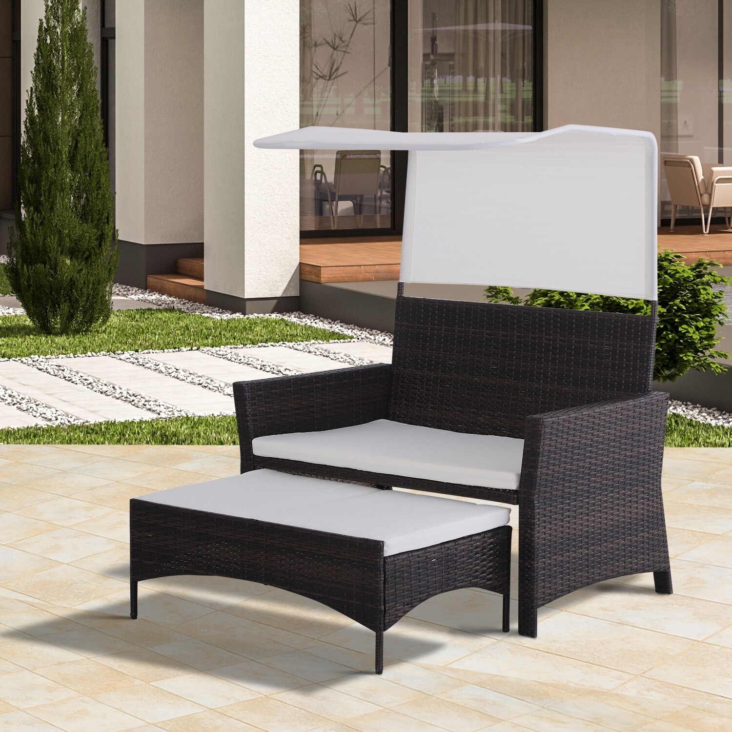 Outsunny 2 Tlg Gartensofa Gartenmobel Lounge Gartenset Rattanmobel Braun Polyrattan Wicker 1 X Hocker Mit Sonnendach