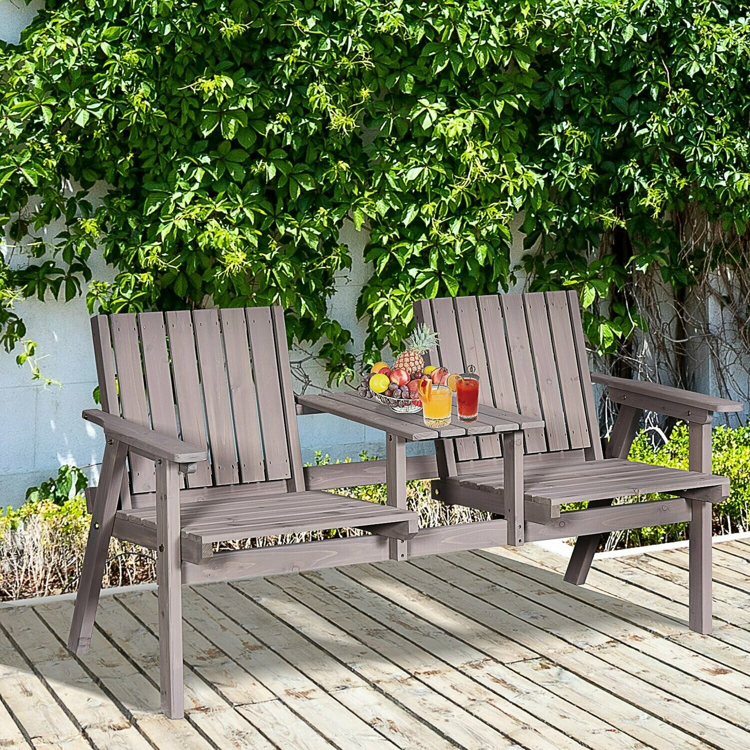 Outsunny® Gartenbank mit Tisch Gartenmöbel mit Regenschirmloch Sitzbank  Balkon Massivholz