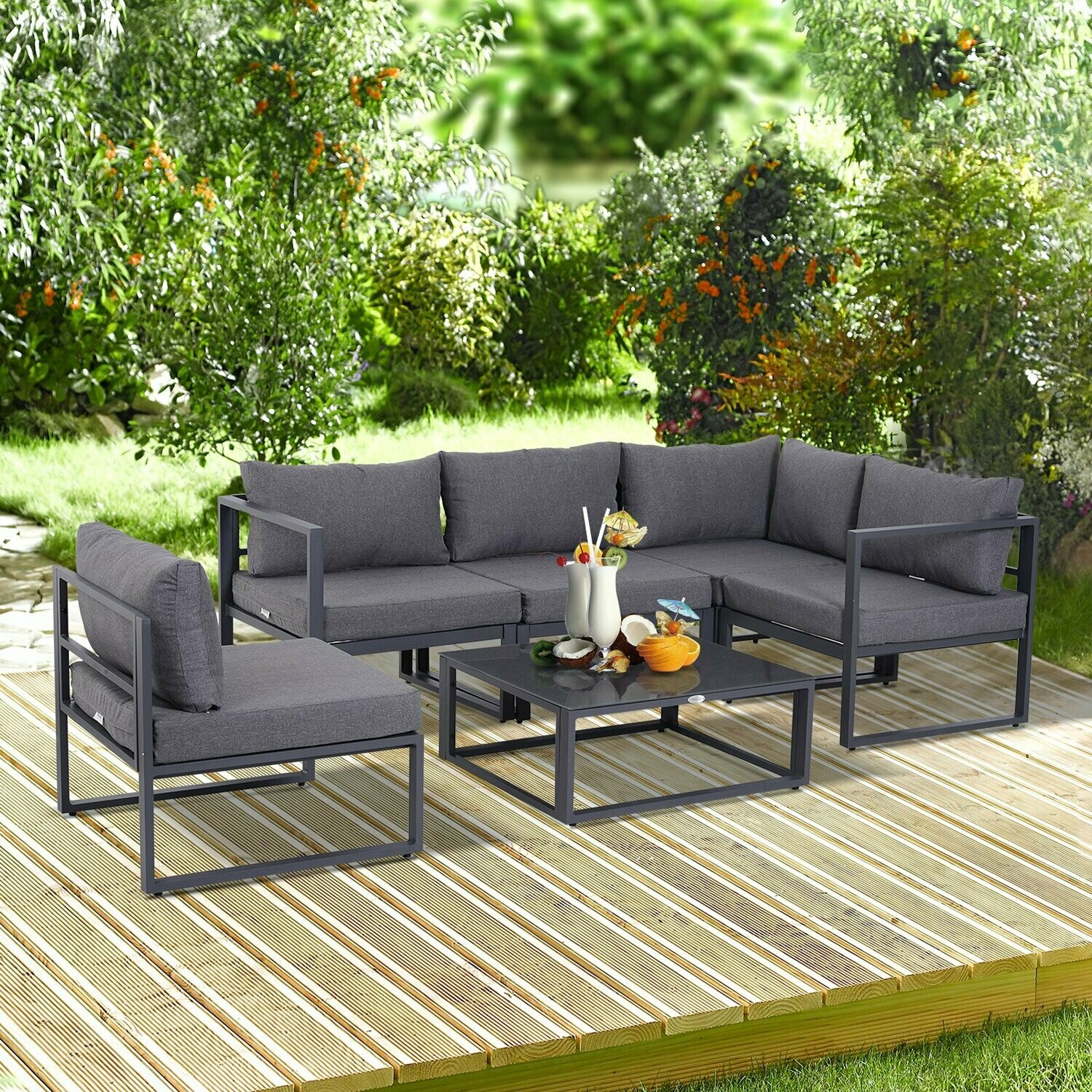 Outsunny® 6-tlg. Gartengarnitur Gartenset Sitzgruppe Gartenmöbel Alu 4 x Sessel 1 x Ecksofa 1 x Beistelltisch Kissen für 4–5 Personen