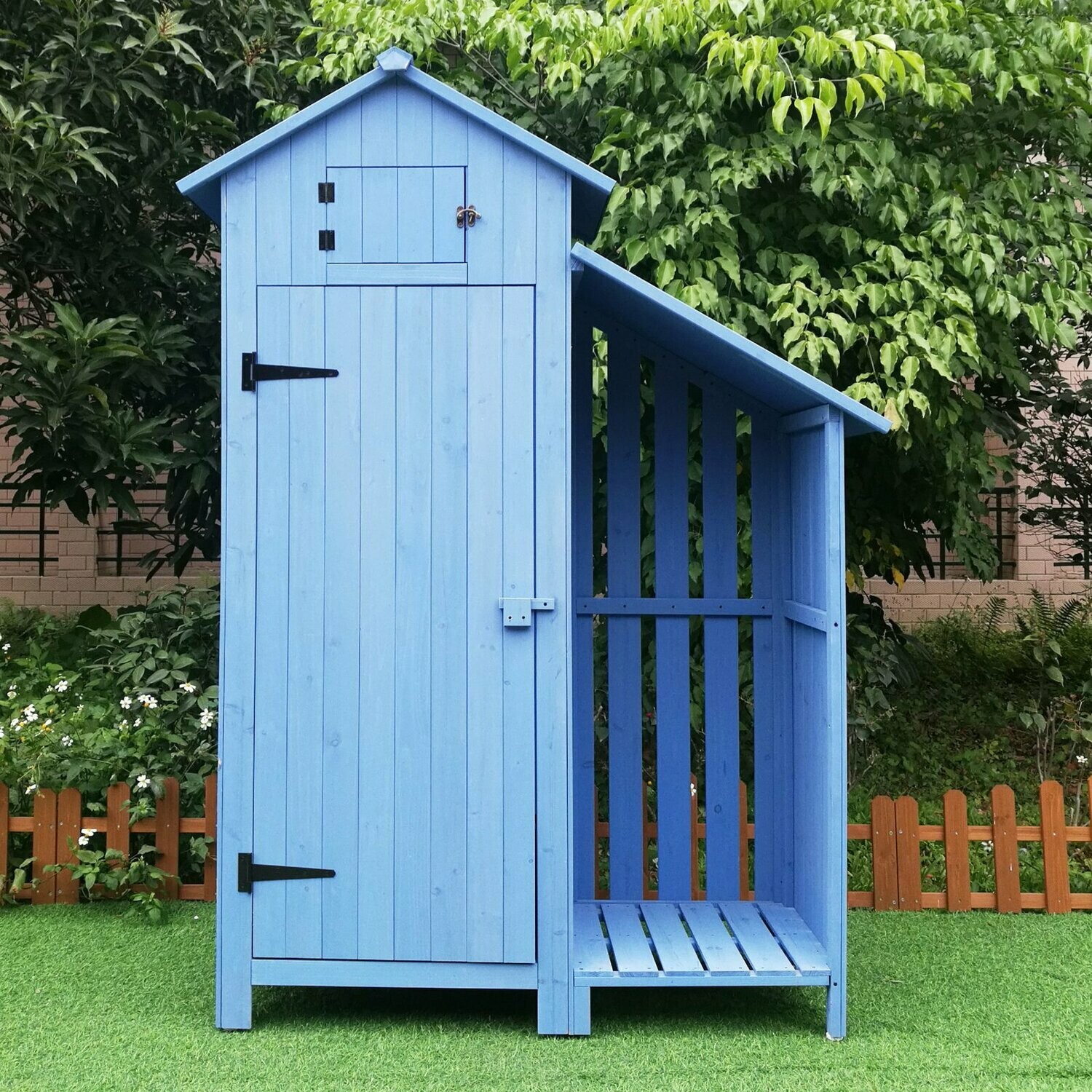 Outsunny® Gartenhaus 2-in-1 Gerätehaus mit Brennholzlagerraum Geräteschuppen Holz Blau