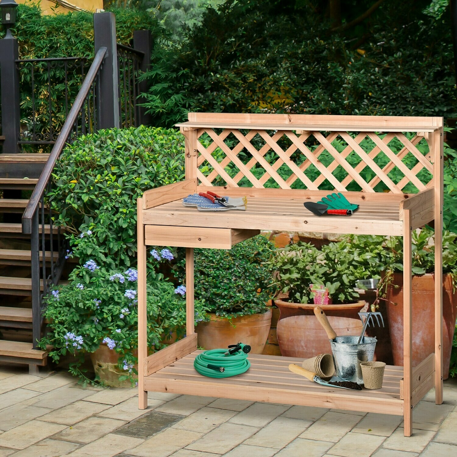 Outsunny® Pflanztisch Gärtnertisch für Garten Terrasse Balkon Blumentisch 2 Stufen mit Schublade Garten Massivholz
