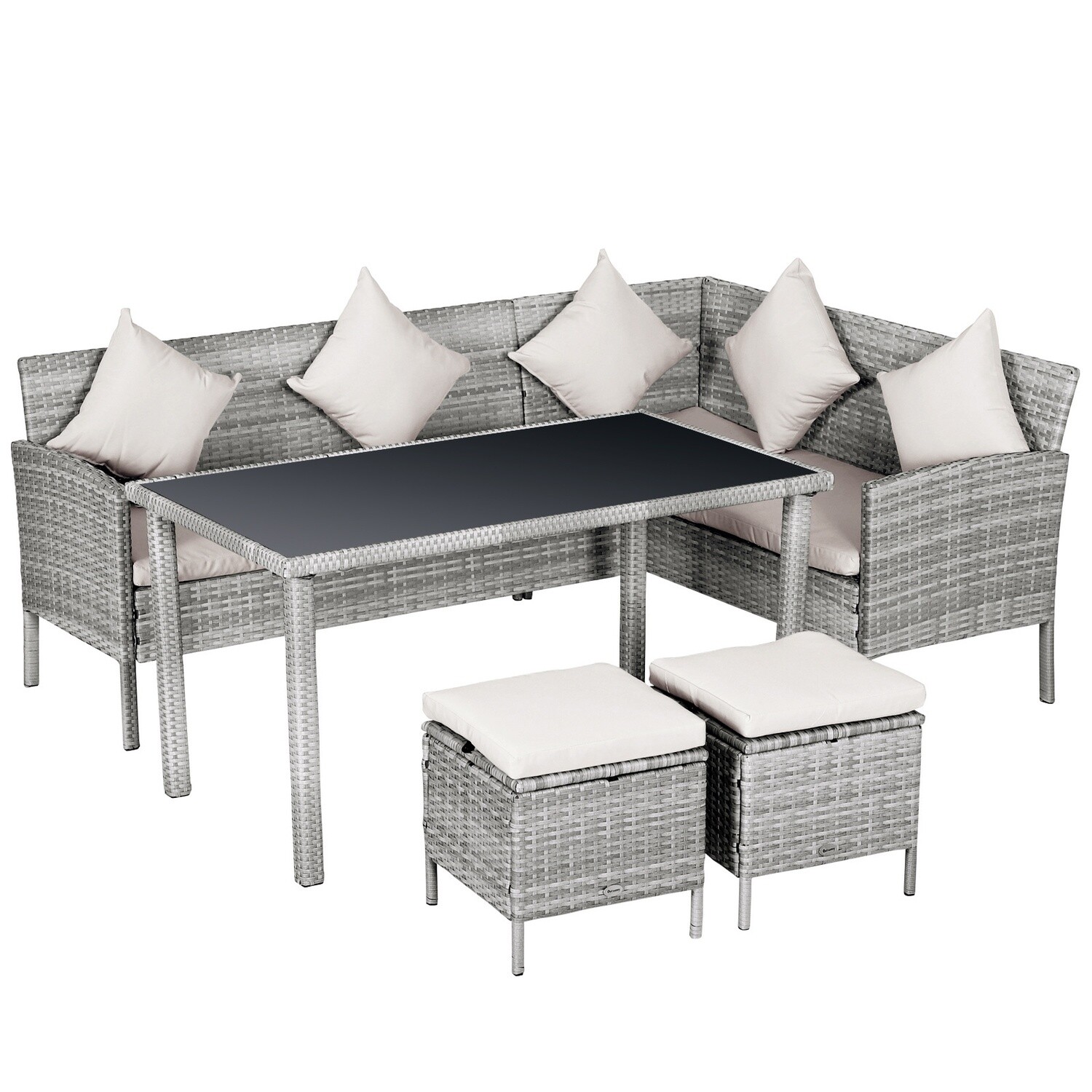 5-tlg. Gartenmöbel Set, Rattan Sitzgruppe mit Fusshocker grau
