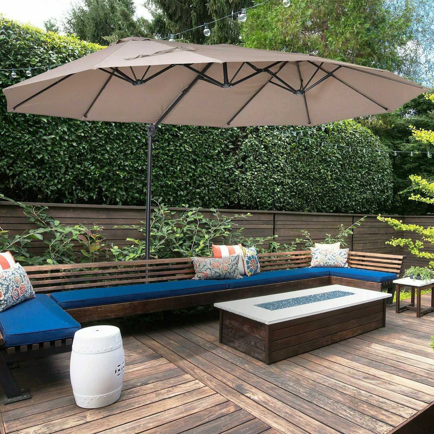 Sonnenschirm mit Kurbel, Doppelschirm, Gartenschirm,  Braun