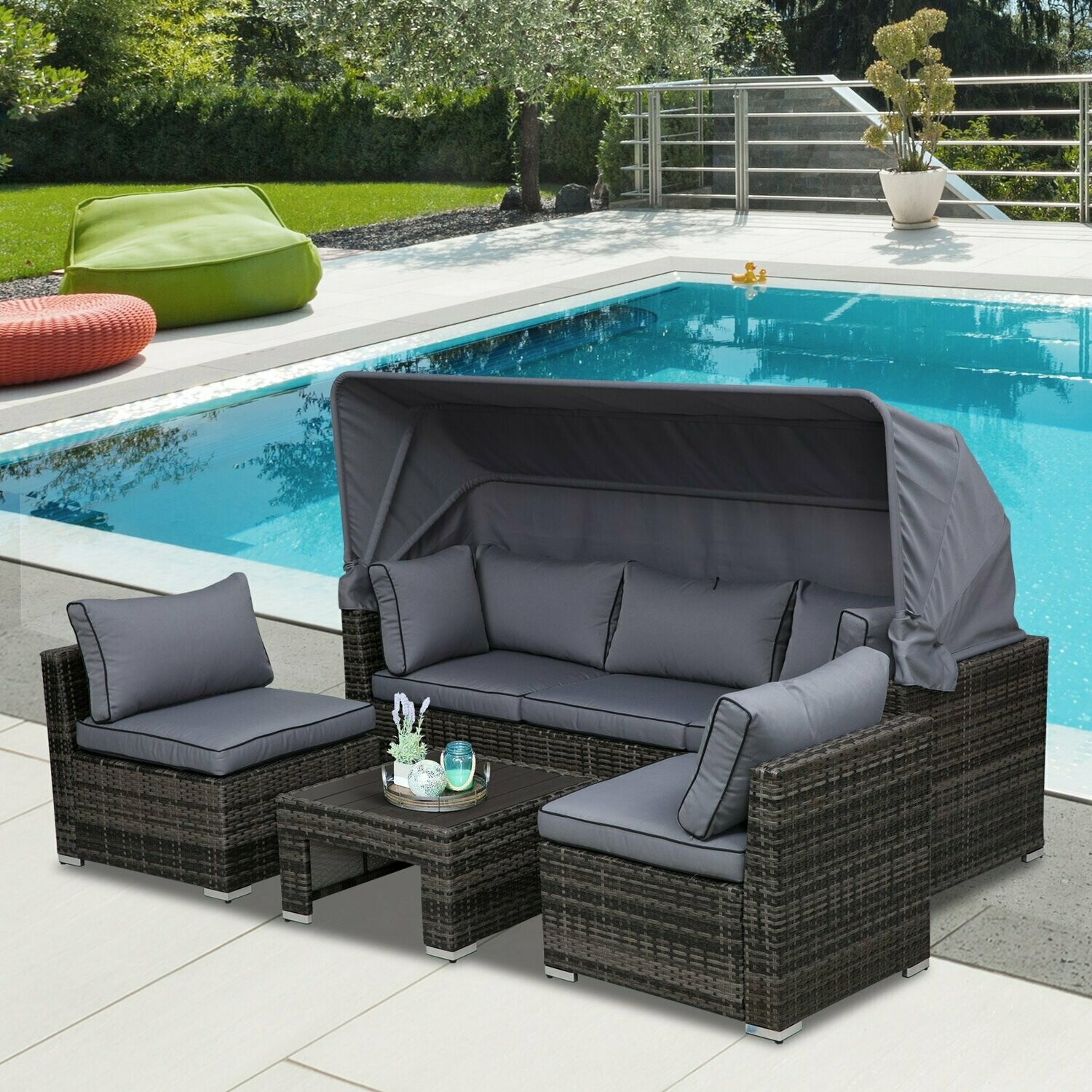 Outsunny® Rattan Lounge Set Sitzgruppe mit Sonnendach, Kissen und Beistelltisch Metall