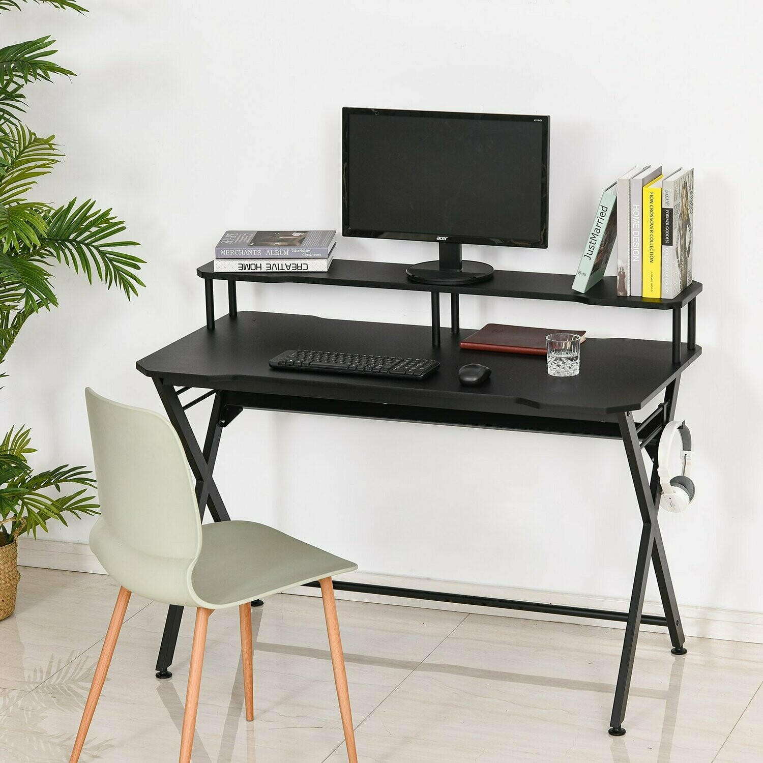 HOMCOM® Gaming-Tisch Schreibtisch mit Kopfhörerhaken Computertisch Stahl +  MDF Schwarz