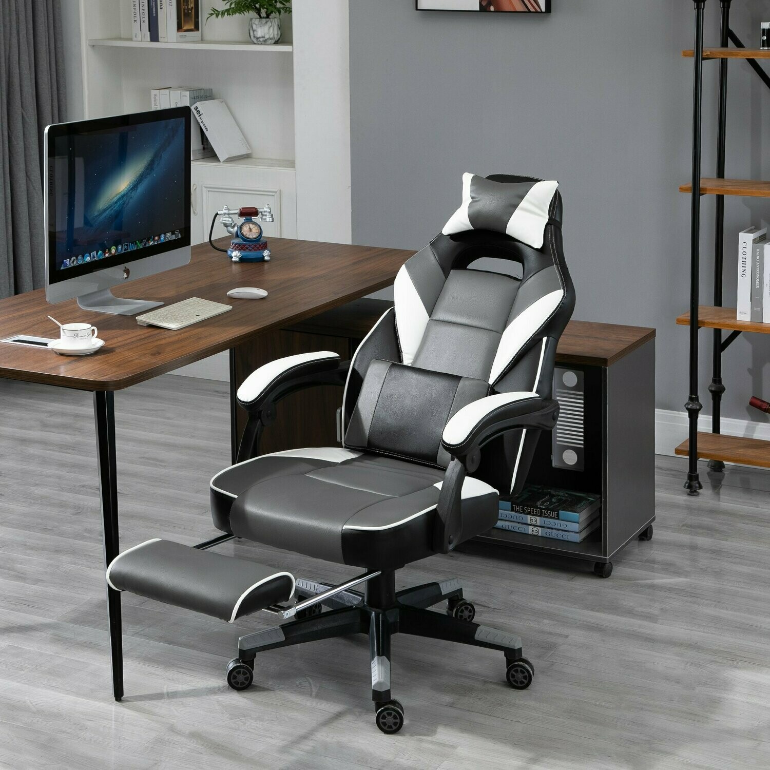 Vinsetto® Ergonomischer Bürostuhl, Gaming Stuhl, Drehstuhl mit Lendenkissen grau weiss schwarz