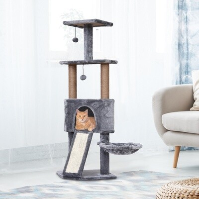 Katzenbaum 4 Ebenen Kratzbaum Katzenhöhle Sisalsäule Kratzbrett Plüsch Grau