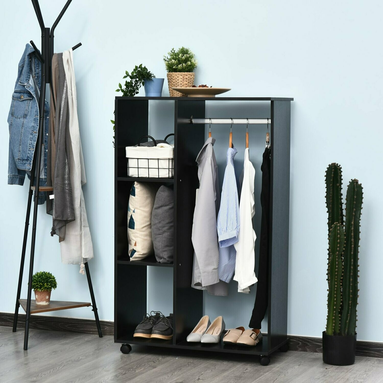 Kleiderschrank offener Dielenschrank mit Stangen und Räder / Garderobe / Raumteiler Schwarz
