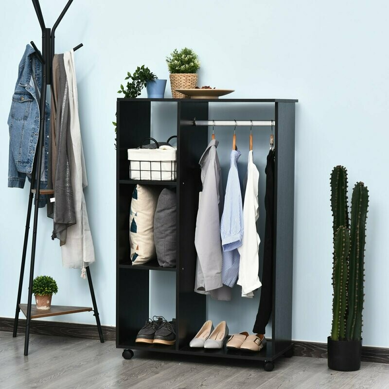 Kleiderschrank offener Dielenschrank mit Stangen und Räder / Garderobe / Raumteiler Schwarz