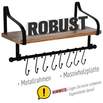 Wandregal Wandboard mit 8 Haken Massivholz Schwarz+Natur