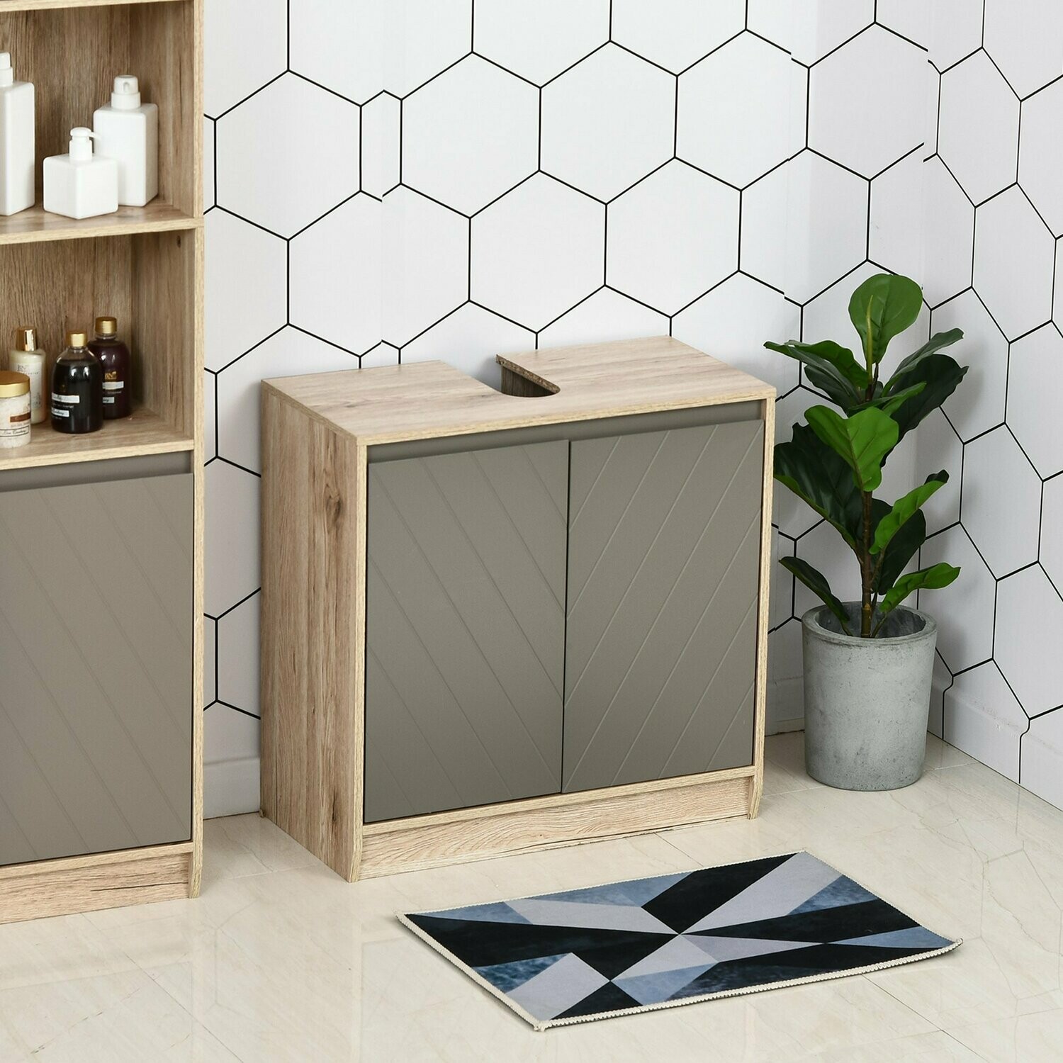 Waschbeckenunterschrank Badschrank mit 2 Türen Grau+Eiche