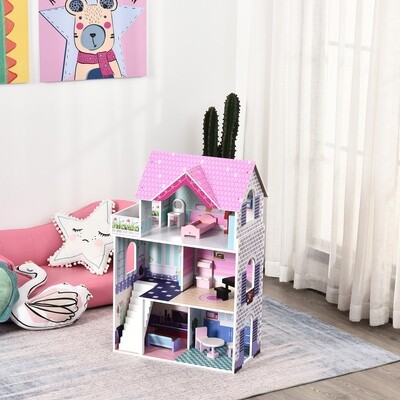 HOMCOM® Kinder Puppenhaus aus Holz Puppenstube Barbiehaus Dollhouse 3 Etagen mit Möbel