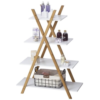 Badregal Bambus 4 Ebenen Badezimmer-Gestell Natur+Weiss