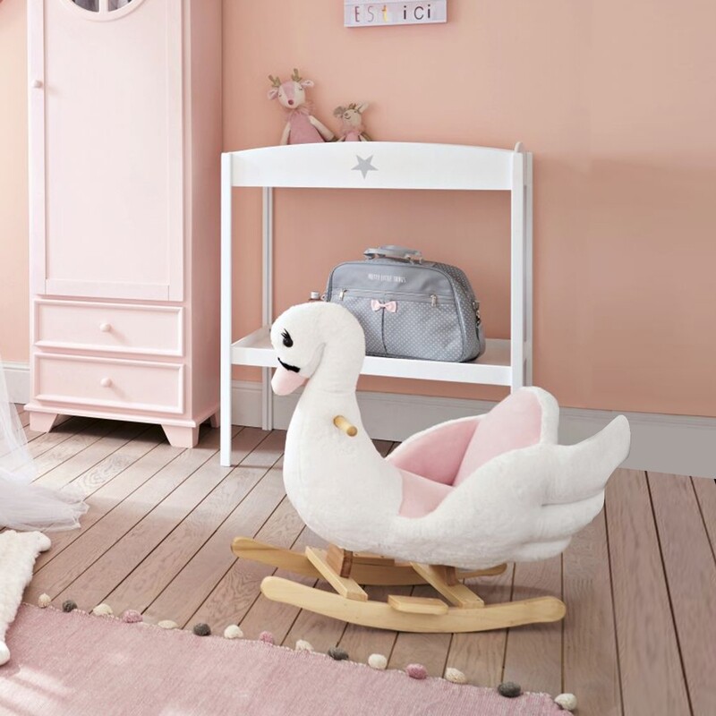 Kinder Schaukelpferd Baby Schaukeltier Schwan Plüsch Rosa+Weiss