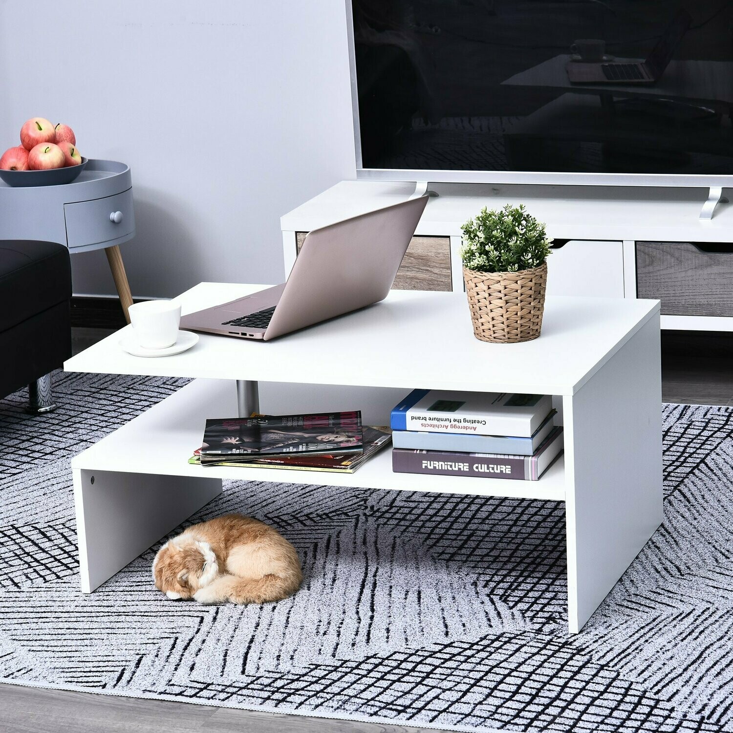 Beistelltisch moderner Couchtisch mit Ablage Aluminium Weiss