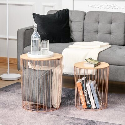 Beistelltisch 2er Set Nachttisch Metall Korb mit Holzdeckel Natur