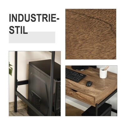 Computertisch Industriestil Konsole mit Schublade MDF Braun+Schwarz