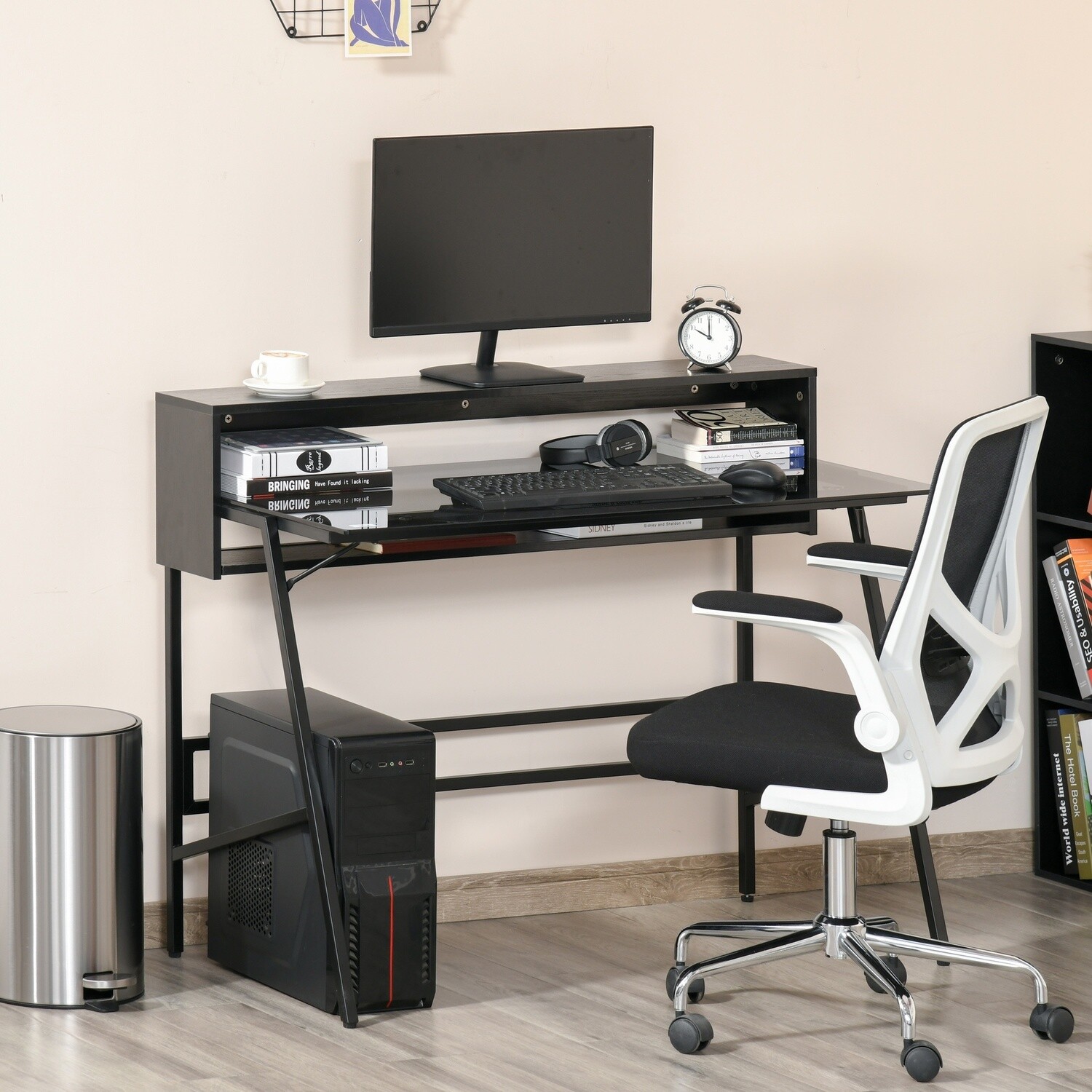 Schreibtisch mit Glasplatte Home-Office Stahl Glas Schwarz+Grau