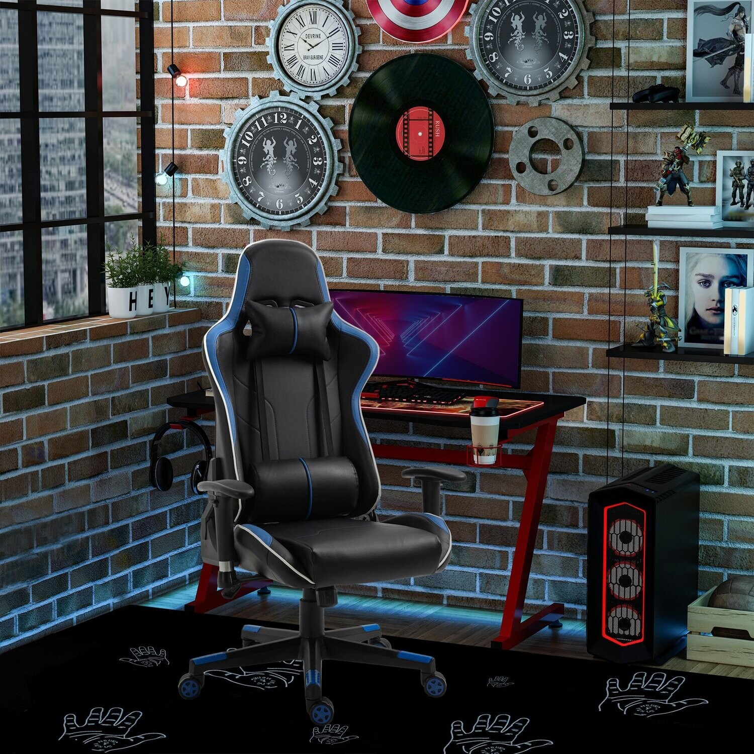 Vinsetto® Gaming Stuhl mit Liegefunktion verstellbar Blau+Schwarz