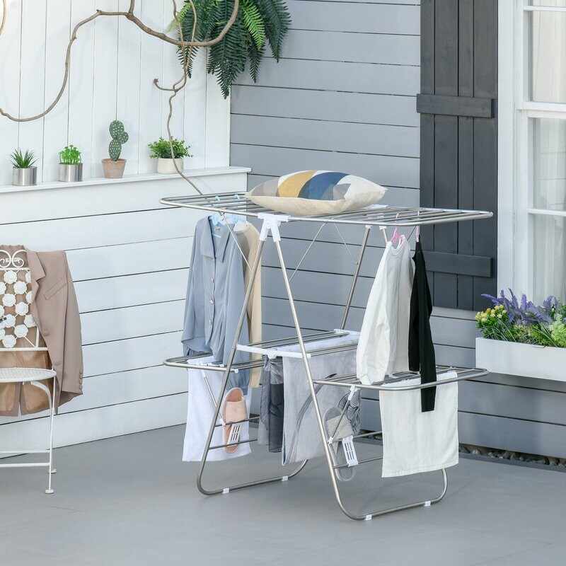 Wäscheständer 3-stufiger Flügelwäschetrockner Silber Weiss