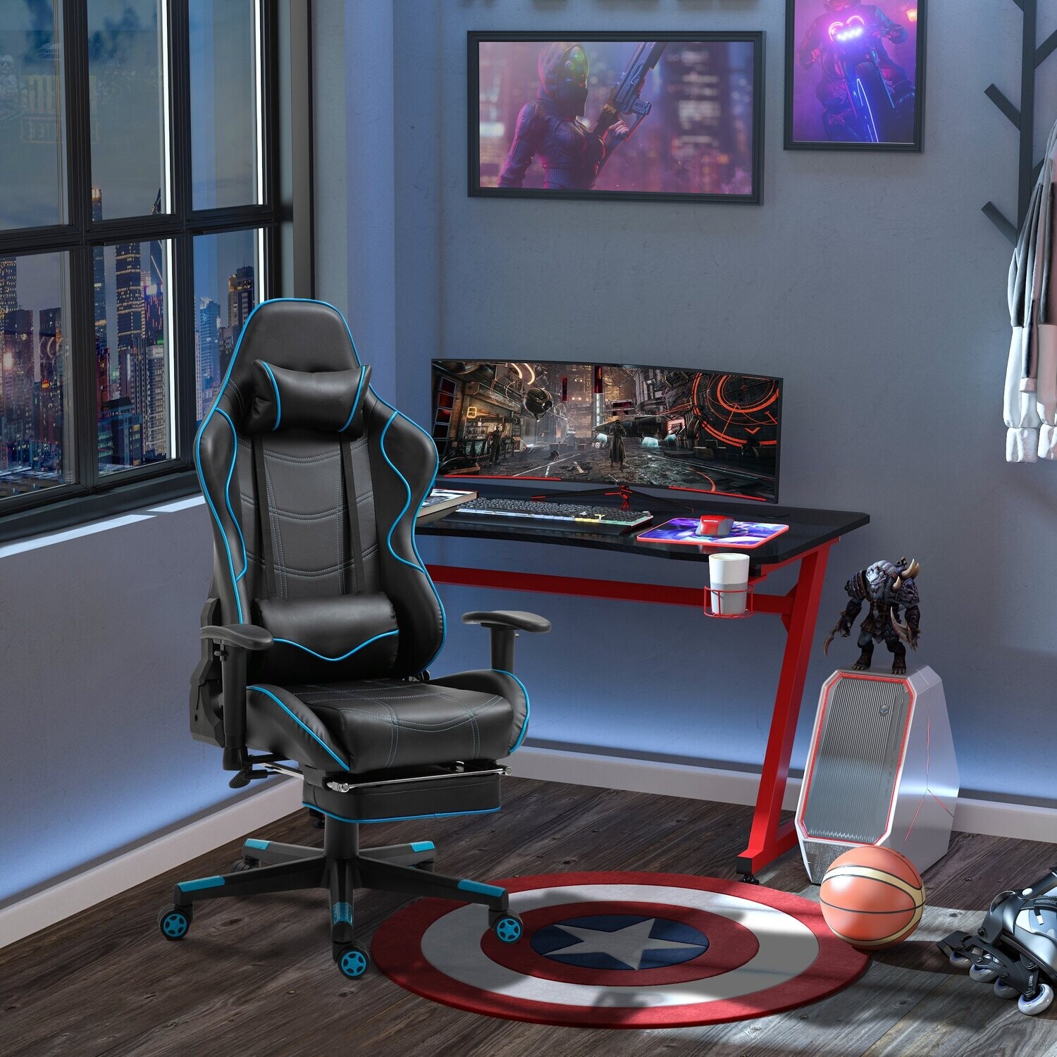 Vinsetto® Gamingstuhl Bürostuhl mit verstellbare Kopfstütze Kunstleder Nylon Schwarz+Blau