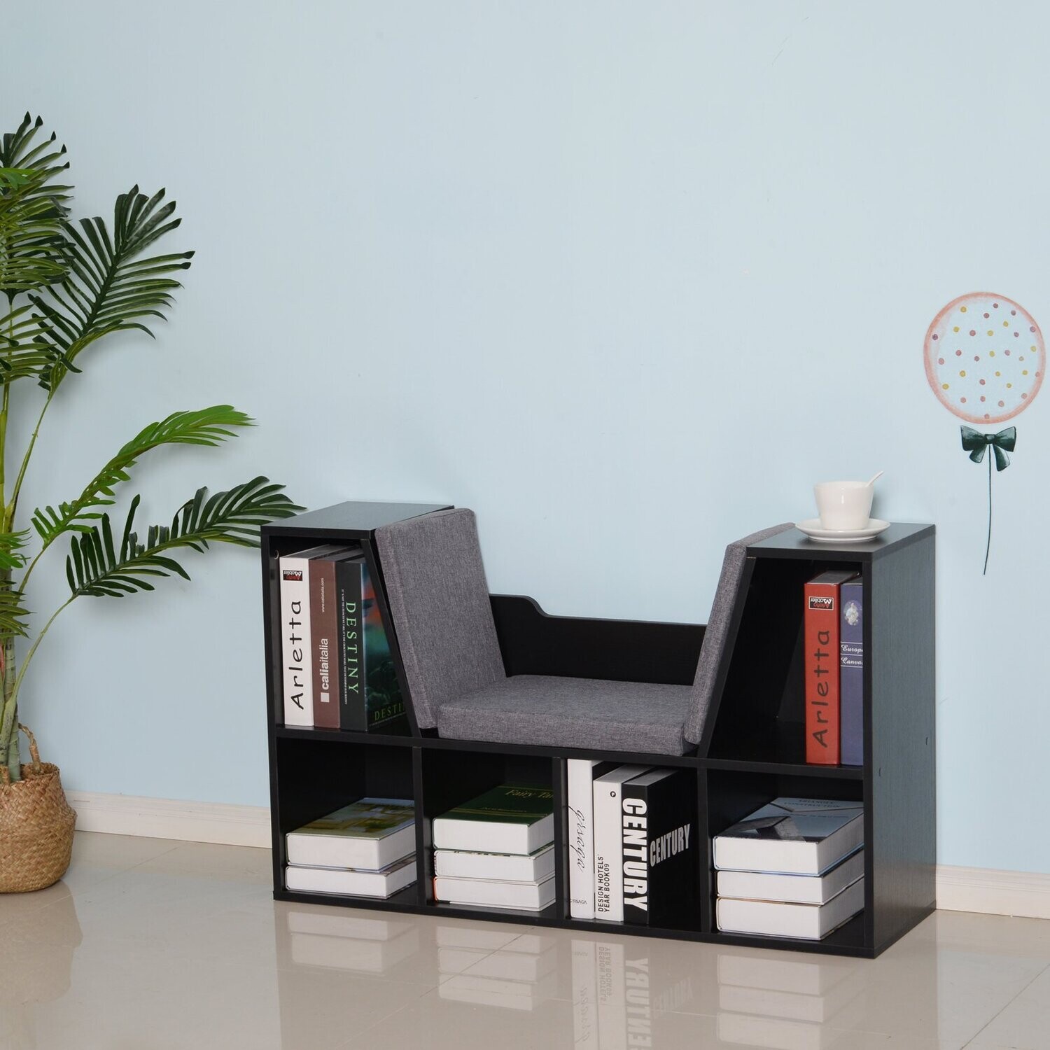 Bücherschrank Bücherregal mit Sitzkissen Standregal Regal mit Sitzbank schwarz