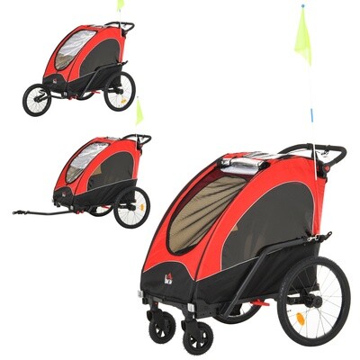 3 in 1 Velo-Anhänger Kinderwagen Fahrradanhänger für 2 kinder Alu Rot+Schwarz