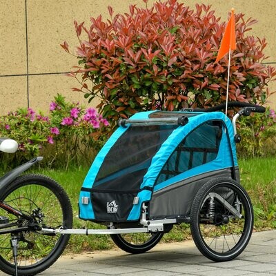3 in 1 Velo-Anhänger Kinderwagen Fahrradanhänger für 2 Kinder Alu Blau
