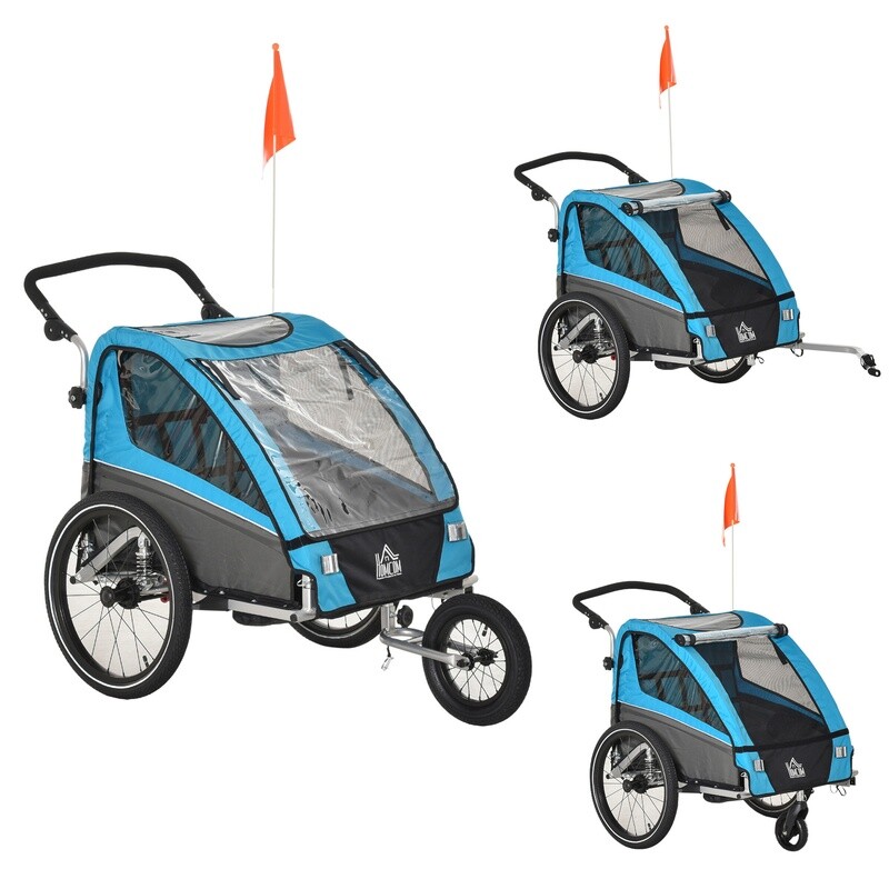 3 in 1 Velo-Anhänger Kinderwagen Fahrradanhänger für 2 Kinder Alu Blau