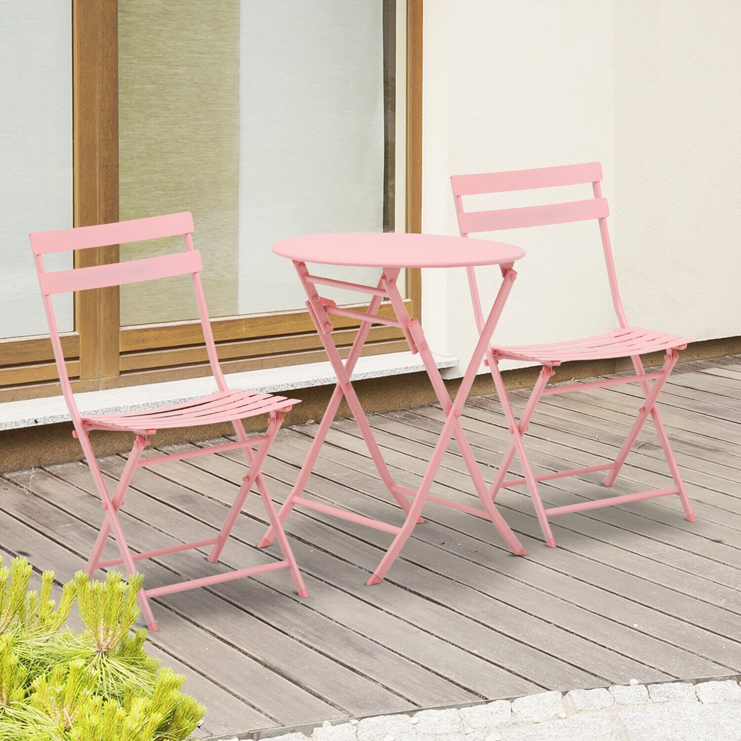 Outsunny 3-tlg. Gartenset Garnitur Bistrotisch mit 2 Stühlen für Hof Garten klappbar Rosa