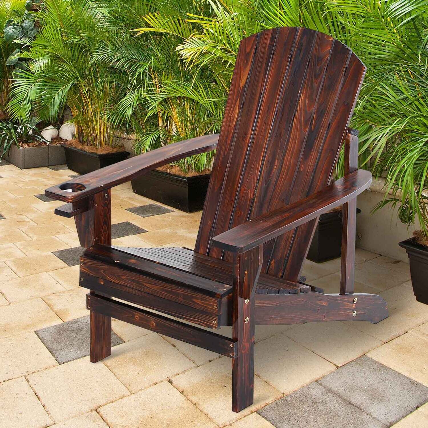 Adirondack-Gartenstuhl mit Becherhalter Gartenliege Balkonstuhl Massivholz geflammt 72,5 x 97 x 93 cm