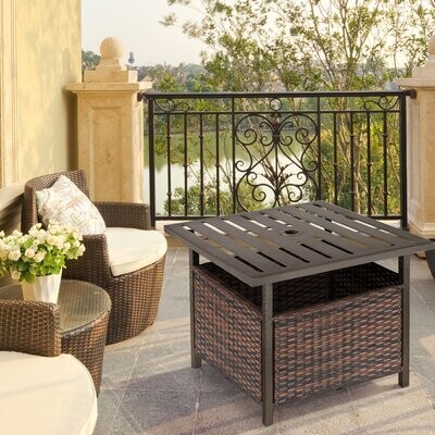 Rattantisch Gartentisch Kaffeetisch mit Schirmloch Balkon Braun