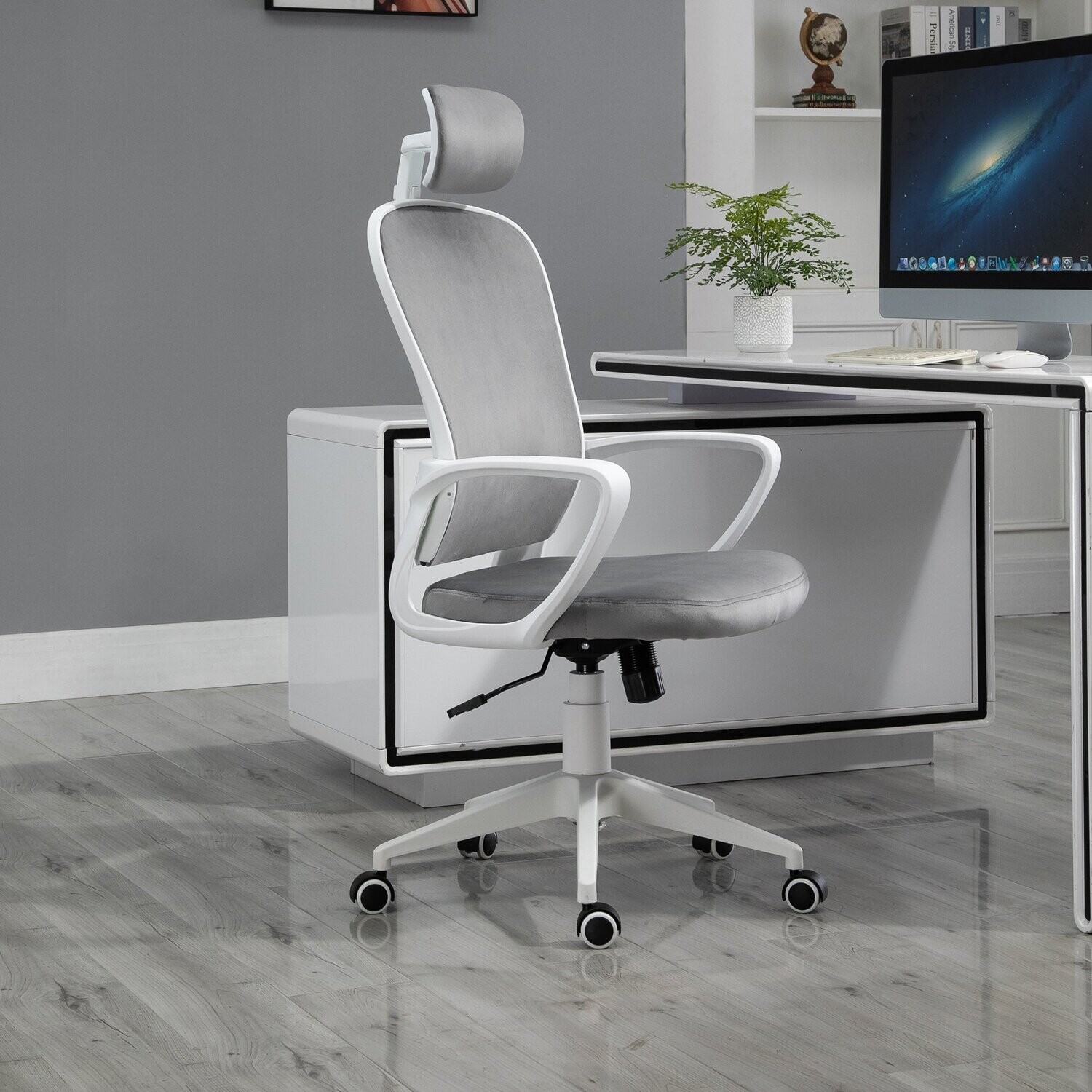 Vinsetto Bürostuhl mit Wippfunktion höhenverstellbarer Drehstuhl Hellgrau 63 cm x 64 cm x 128 cm
