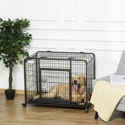 Mobile Hundebox (94x58x76,5cm) – Transportbox, 4 Rollen, PP, Schwarz