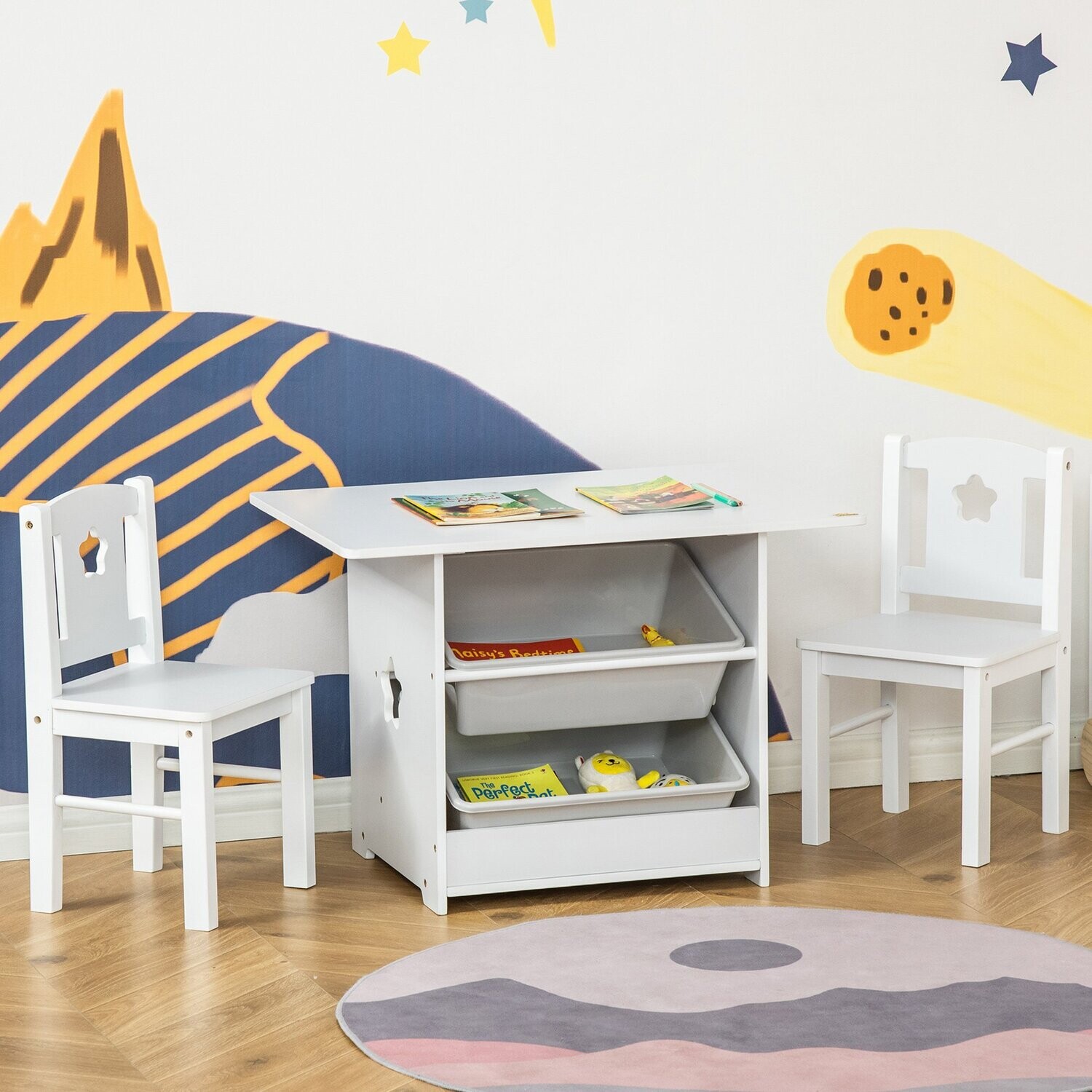 Kindersitzgruppe mit Tisch, 2 Stühlen und Aufbewahrungsboxen