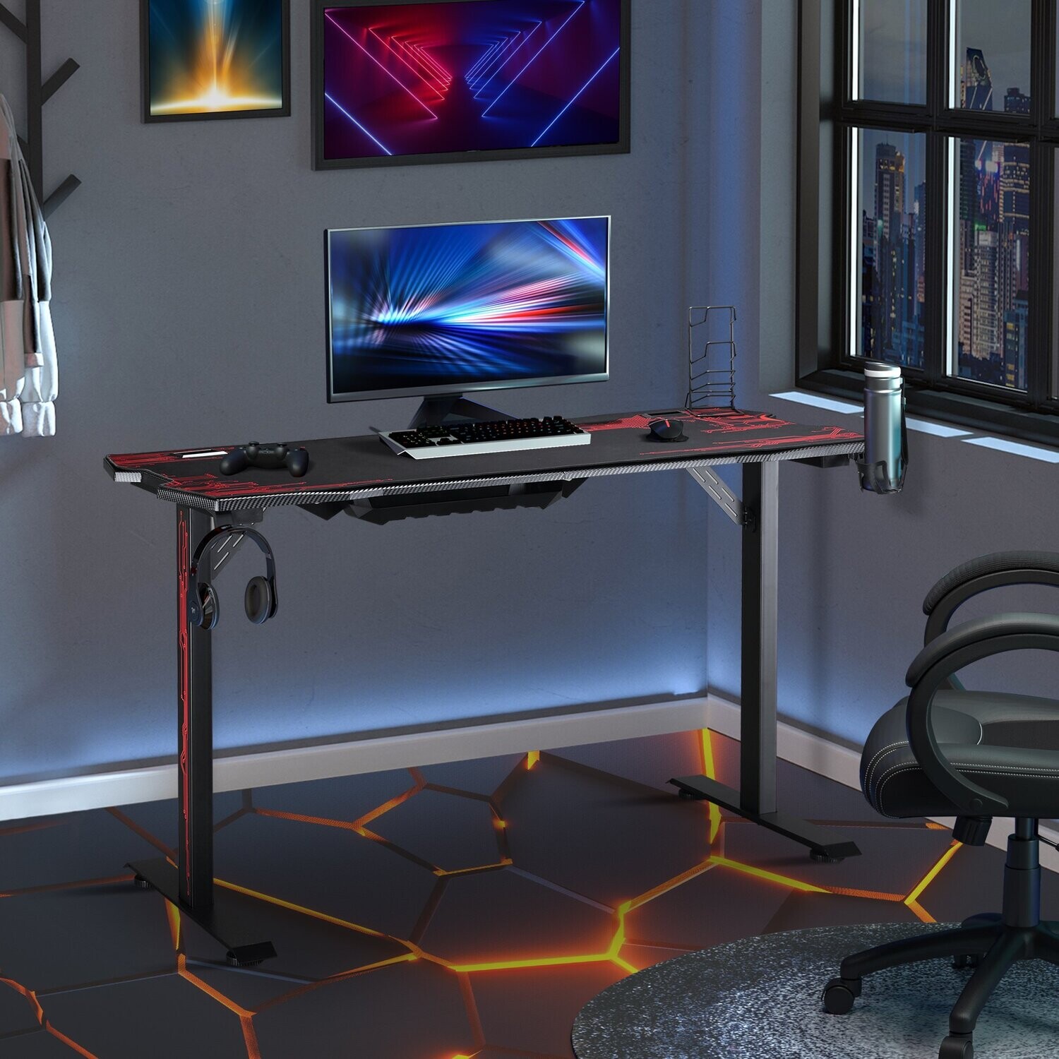 Gaming Tisch Schreibtisch Schwarz+Rot Becherhalter