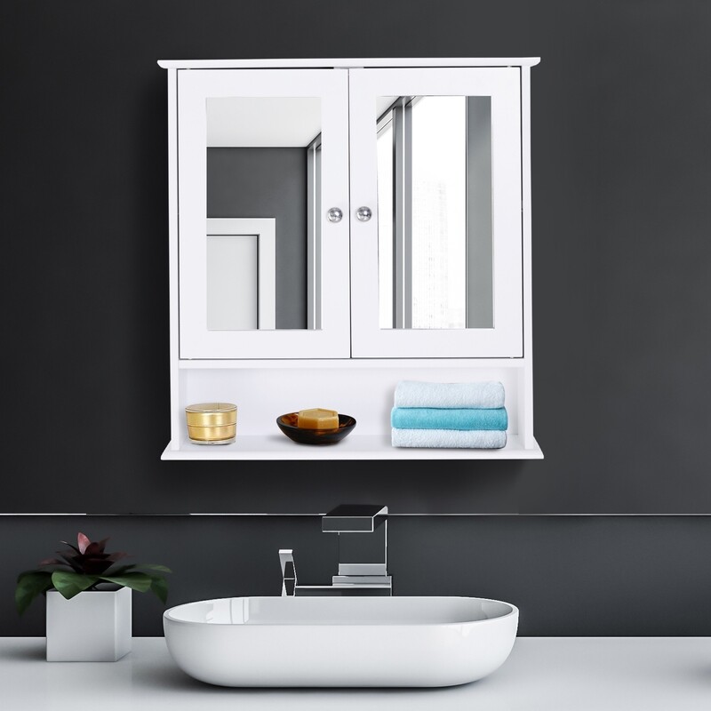 Spiegelschrank, Wandschrank mit 3 Ablagen, Schminkschrank, Weiss