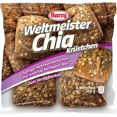 Grosspackung Harry Weltmeister Chia Krüstchen Mehrkornbrötchen mit 4,6% Chiasamen vorgebacken ungeschnitten 4 Stück à 90 g - 12 x 360 g = 4,32 kg
