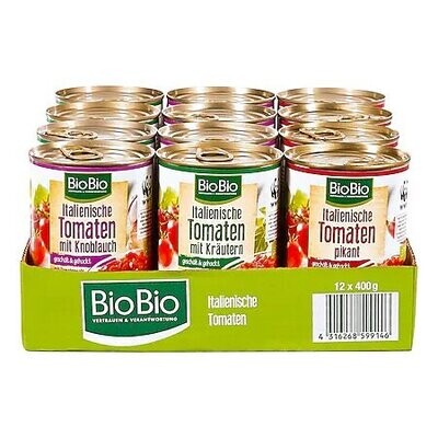 Grosspackung BioBio Tomaten gewürzt 400 g, verschiedene Sorten, 12er Pack = 4,8 kg