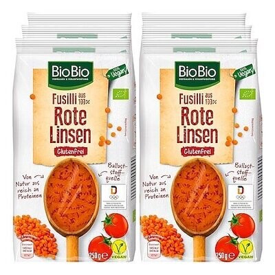 Grosspackung BioBio Fusilli aus Roten Linsen 250 g, 6er Pack = 1,5 kg vegan