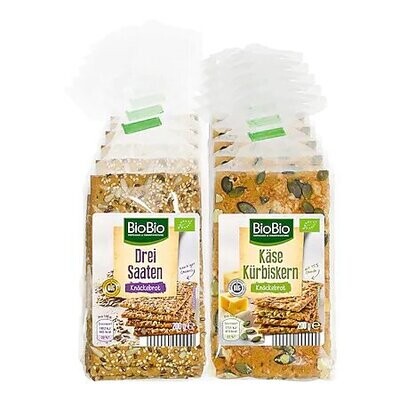 Grosspackung BioBio Knäckebrot 200 g, verschiedene Sorten: Käse-Kürbis & Drei-Saaten, 10er Pack = 2 kg