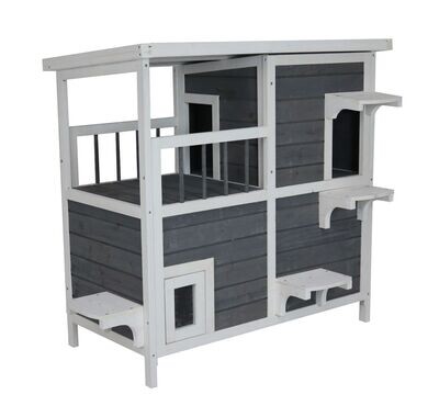 Katzenhaus mit 2 Etagen, Holz grau-weiss, 87 x 45 x 90,5 cm